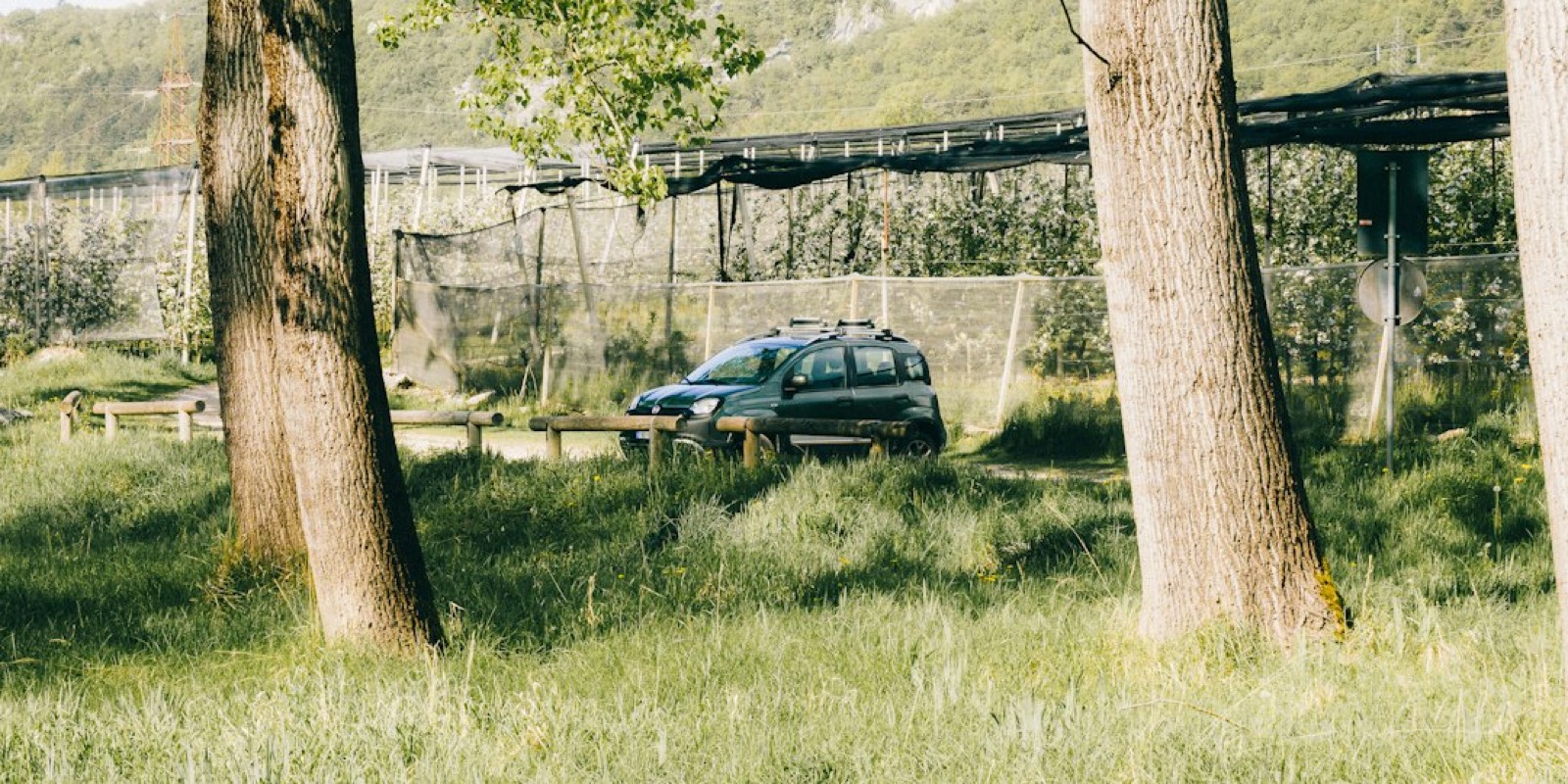 Petite caravane garée à la campagne, attelée à un SUV compact